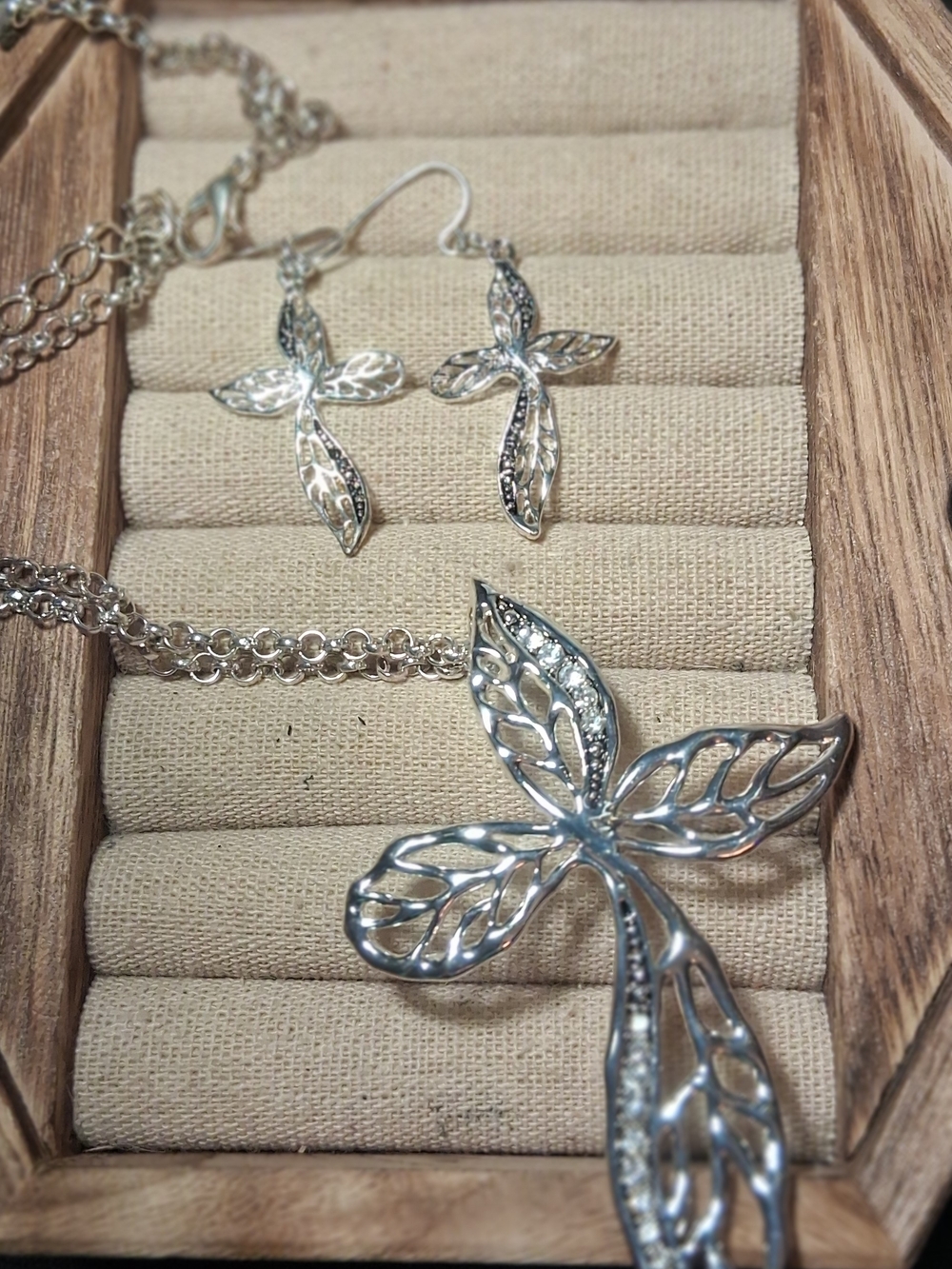 Delicate Silver Leaf Cross Necklace and Earrings - Silver